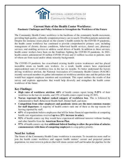 Current State of the Health Center Workforce: Pandemic Challenges and Policy Solutions to Strengthen the Workforce of the Future