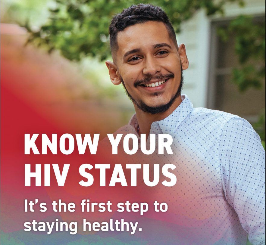 Image of man with the words overlayed on the image, "Know your HIV Status. It's the first step to staying healthy."