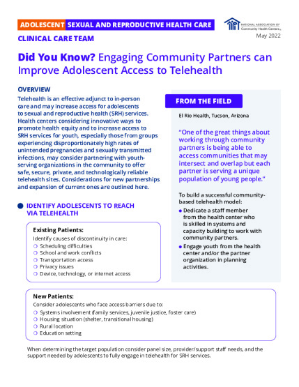 Adolescent Sexual and Reproductive Health Care: Engaging Community Partners can Improve Adolescent Access to Telehealth