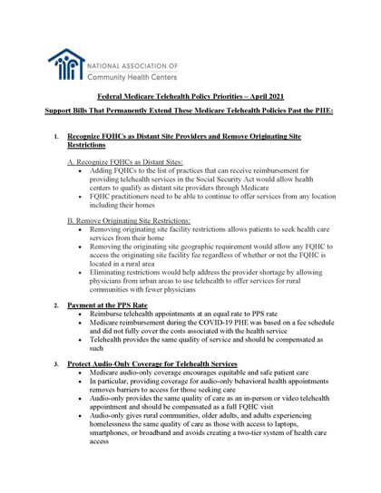 Federal Medicare Telehealth policy priorities first page