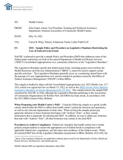 Sample Policy and Procedure on Legislative Mandates Restricting the Uses of Federal Grant Funds