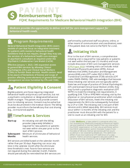 Payment Reimbursement Tips: FQHC Requirements for Medicare Behavioral Health Integration (BHI)
