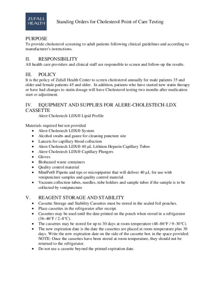 Standing Orders for Point of Care Testing Zufall Health Center
