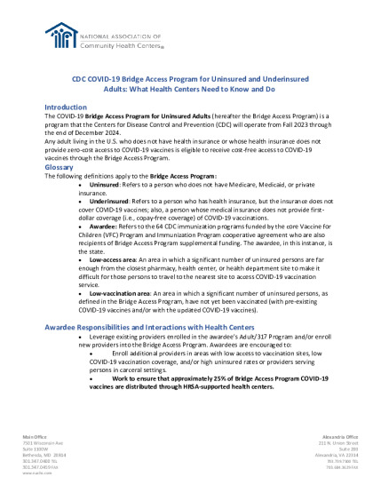 CDC COVID-19 Bridge Access Program for Uninsured and Underinsured Adults: What Health Centers Need to Know and Do 