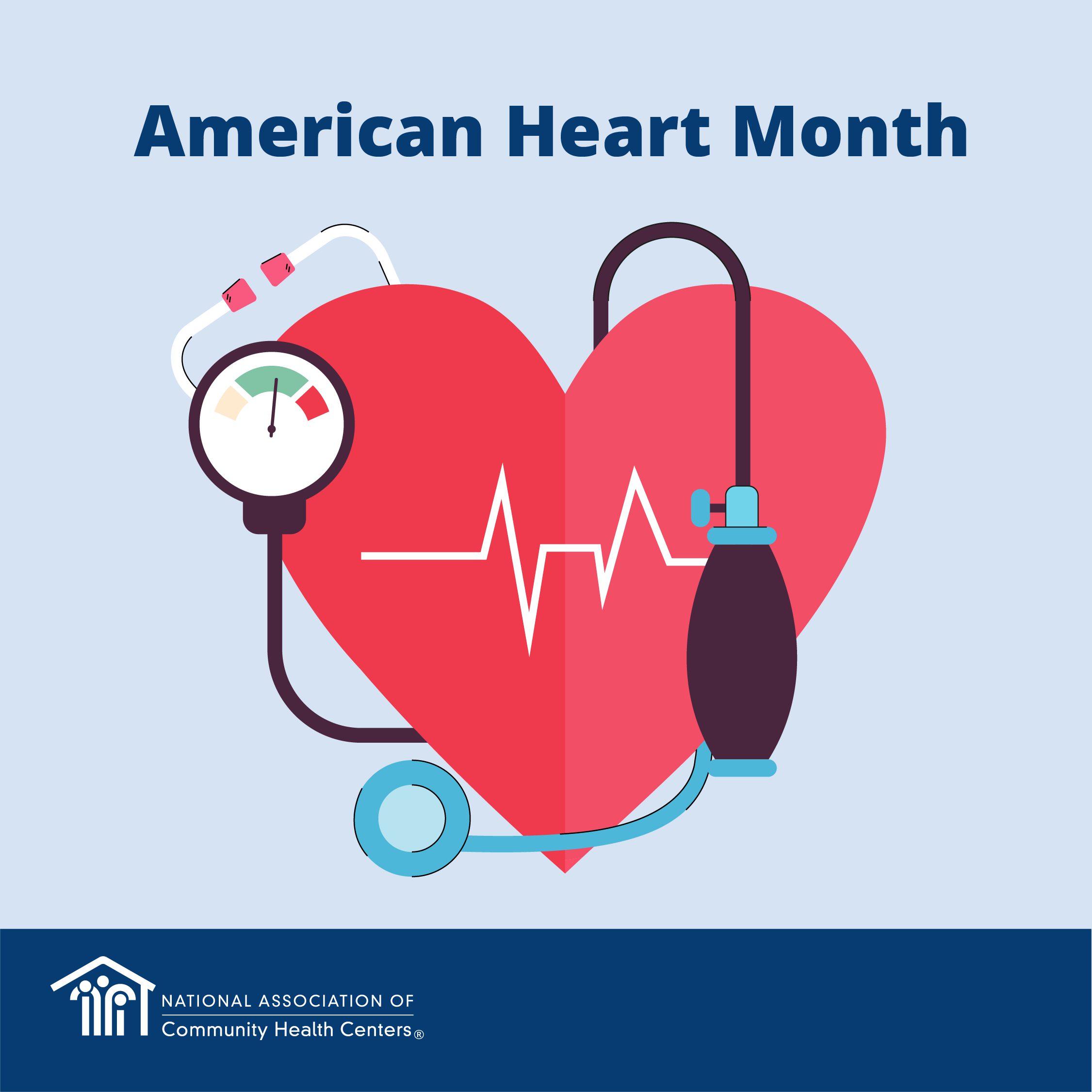 American Heart Month graphic with image of heart and blood pressure cuff