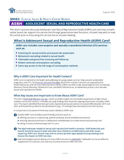 Clinical Issues & Health Center Boards: Adolescent Sexual and Reproductive Health Care