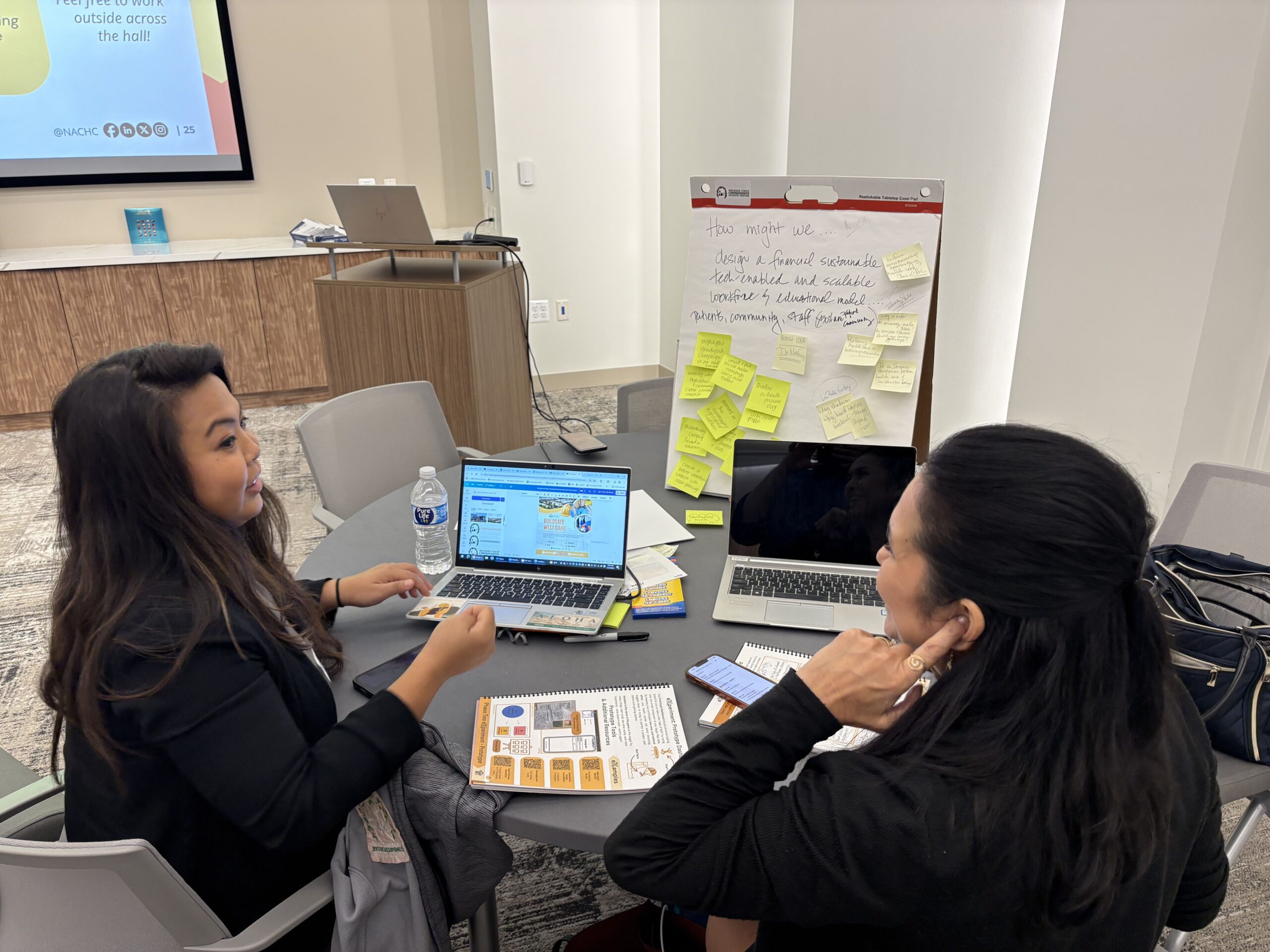 Two people sit at a round table in a modern meeting room, engaged in discussion. Both have laptops open in front of them, along with notebooks, a phone, and a water bottle. One person gestures while speaking, and the other listens with their hand near their ear. Behind them, a whiteboard on an easel is covered with handwritten notes and colorful sticky notes. In the background, a podium with a laptop and a projected presentation screen suggest a workshop or collaborative work session.
